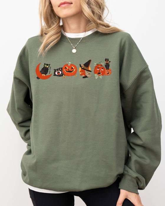 Vintage Halloween Pumpkin Skeleton Witch Skull Spooky Meme Graphic Art Sweatshirt