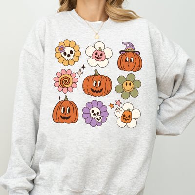 Retro Pumpkins Fall Skeleton Witch Skull Spooky Meme Halloween Costume Sweatshirt