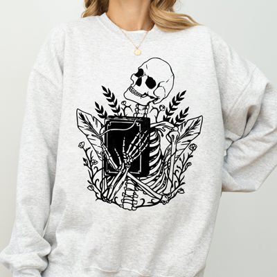 Reading Skeleton Witch Ghost Skull Spooky Meme Halloween Costume Seasonal Sweatshirt