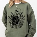 Medium Military Green Reading Skeleton Witch Ghost Skull Spooky Meme Halloween Costume Seasonal Sweatshirt