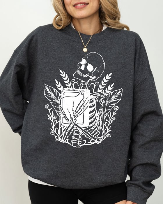Reading Skeleton Witch Ghost Skull Spooky Meme Halloween Costume Seasonal Sweatshirt