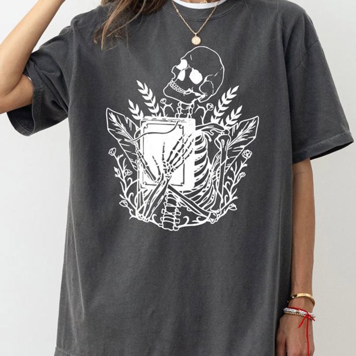 Reading Skeleton Witch Ghost Skull Spooky Halloween Costume Meme Graphic Comfort Colors Tee