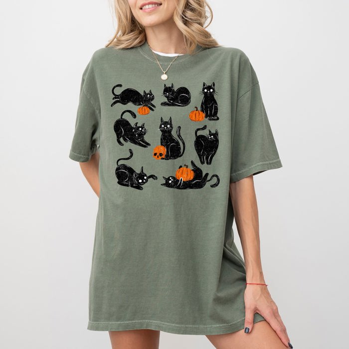 Mini Cats and Pumpkins Skeleton Witch Ghost Skull Spooky Aesthetic Meme Halloween Costume Comfort Colors Tee