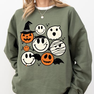 Retro Spooky Faces Skeleton Witch Skull Meme Halloween Costume Graphic Sweatshirt