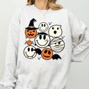 Medium Ash Light Gray Retro Spooky Faces Skeleton Witch Skull Meme Halloween Costume Graphic Sweatshirt