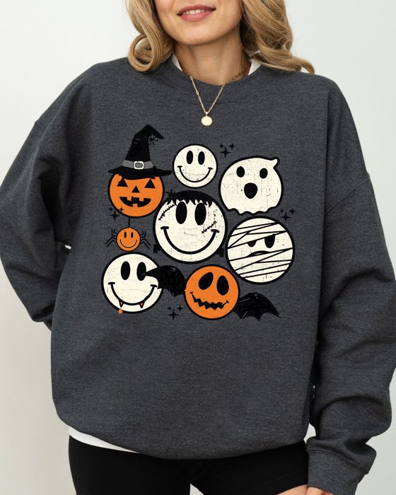 Retro Spooky Faces Skeleton Witch Skull Meme Halloween Costume Graphic Sweatshirt