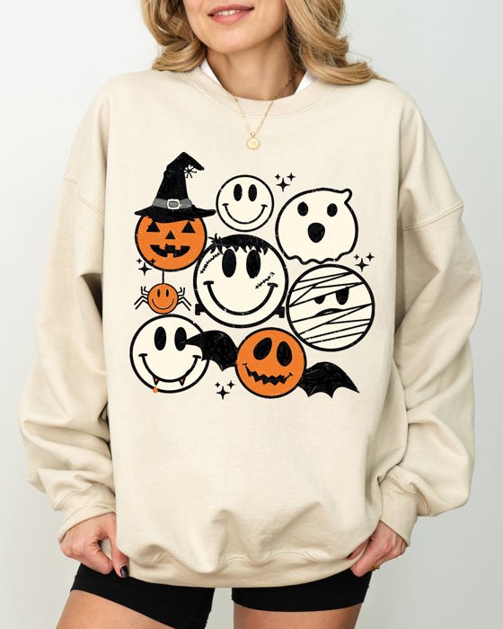 Retro Spooky Faces Skeleton Witch Skull Meme Halloween Costume Graphic Sweatshirt