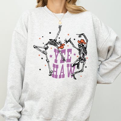 Yee Haw Dancing Skeletons Halloween Western Witch Skull Costume Print Sweatshirt