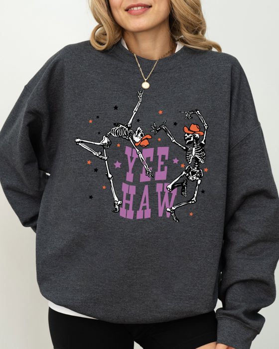 Yee Haw Dancing Skeletons Halloween Western Witch Skull Costume Print Sweatshirt