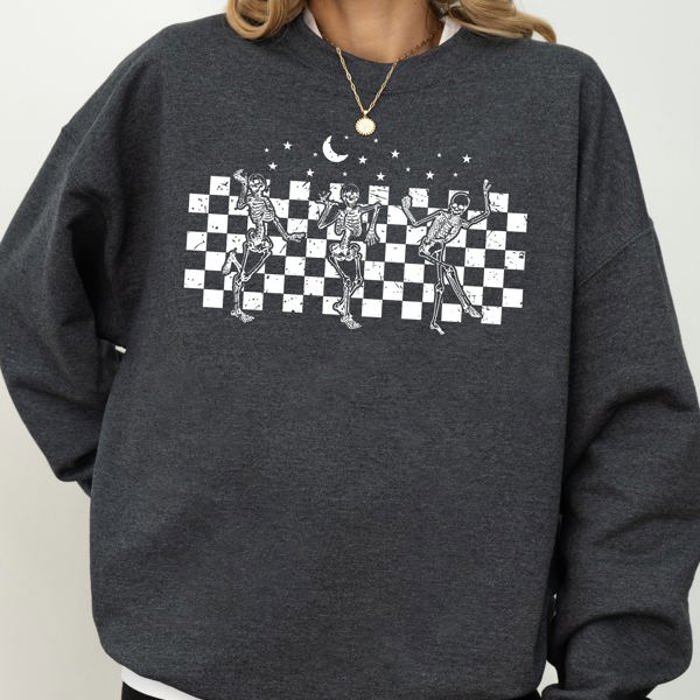 Dancing Skeletons Checkered Ghost Western Witch Skull Halloween Costume Sweatshirt