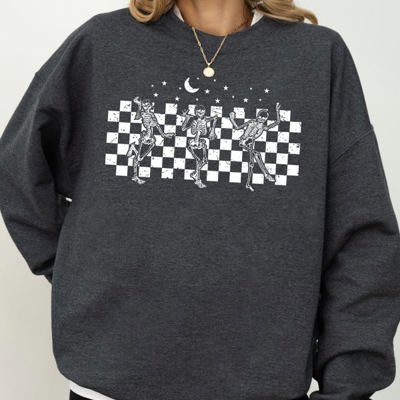 Dancing Skeletons Checkered Ghost Western Witch Skull Halloween Costume Sweatshirt