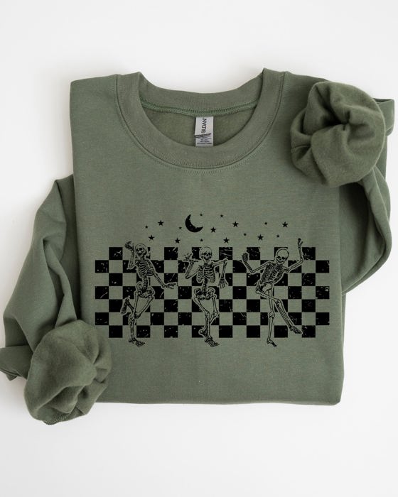Dancing Skeletons Checkered Ghost Western Witch Skull Halloween Costume Sweatshirt