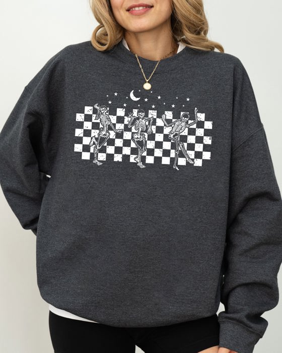 Dancing Skeletons Checkered Ghost Western Witch Skull Halloween Costume Sweatshirt