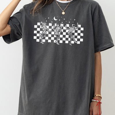 Dancing Skeletons Checkered Ghost Western Witch Skull Aesthetic Meme Halloween Costume Comfort Colors Tee
