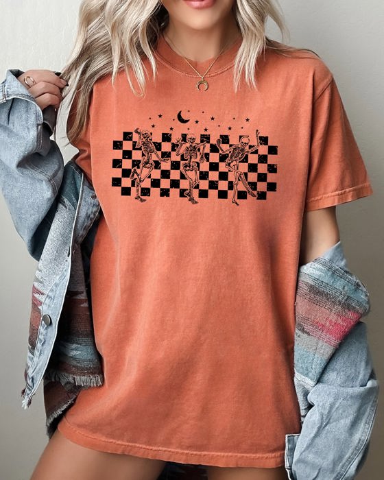 Dancing Skeletons Checkered Ghost Western Witch Skull Aesthetic Meme Halloween Costume Comfort Colors Tee