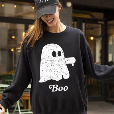 Boo Thumb Ghost Spooky Skeleton Witch Halloween Meme Western Aesthetic Sweatshirt