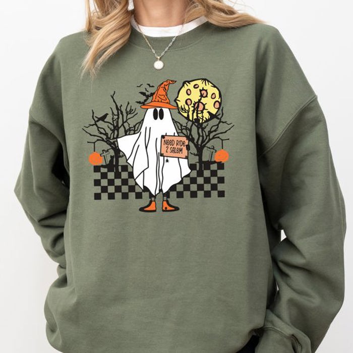 Need Ride To Salem Ghost Spooky Scary Skeleton Skull Western Witch Meme Halloween Costume Sweatshirt