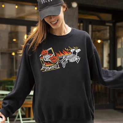 Pumpkin Head Sleigh Santa Skeleton Ghost Spooky Scary Skull Western Witch Halloween Costume Sweatshirt