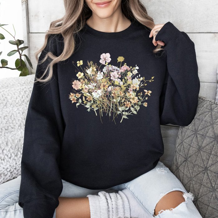 Meadow Pressed Flowers Botanical Meadow Print On Soft Cozy Fleece Premium Sweatshirt