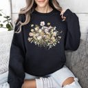 Large Black Meadow Pressed Flowers Botanical Meadow Print On Soft Cozy Fleece Premium Sweatshirt
