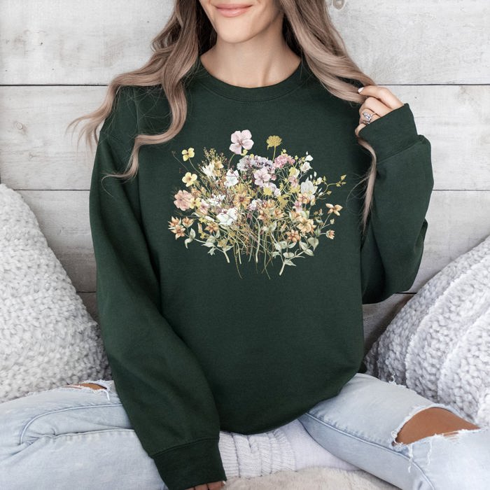 Meadow Pressed Flowers Botanical Meadow Print On Soft Cozy Fleece Premium Sweatshirt