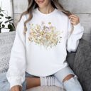 XL White Meadow Pressed Flowers Botanical Meadow Print On Soft Cozy Fleece Premium Sweatshirt