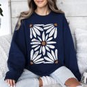 XL Navy Boho Daisy Floral Bohemian Garden Print Soft Cotton-Polyester Premium Comfort Sweatshirt