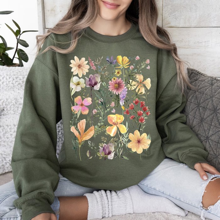 Mountain Meadow Pressed Flowers Nature-Inspired Botanical Print With Vintage Rustic Charm Sweatshirt