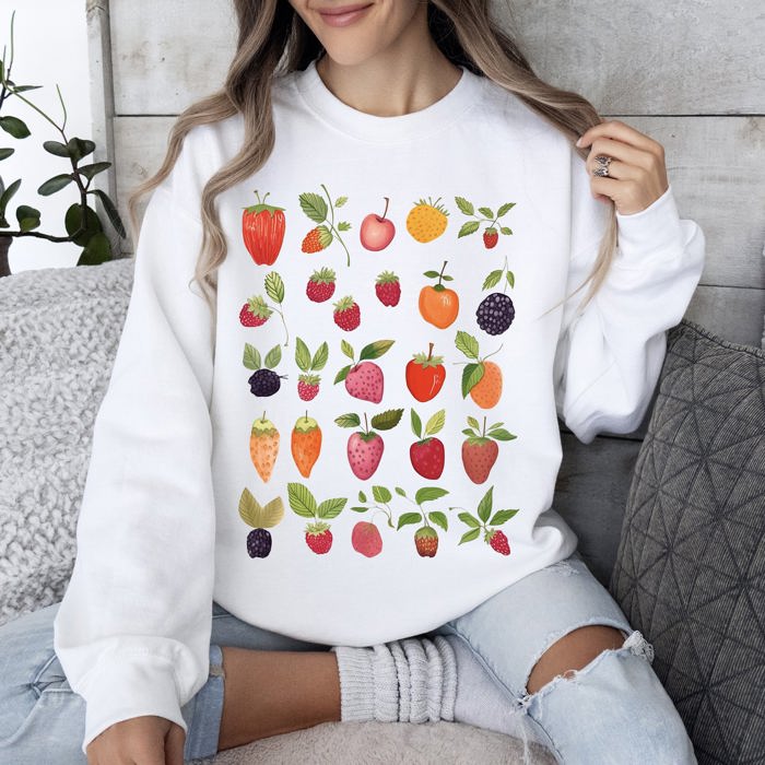 Fruity Delight Colorful Berries Illustrated Whimsical Fruit Pattern Artwork Sweatshirt