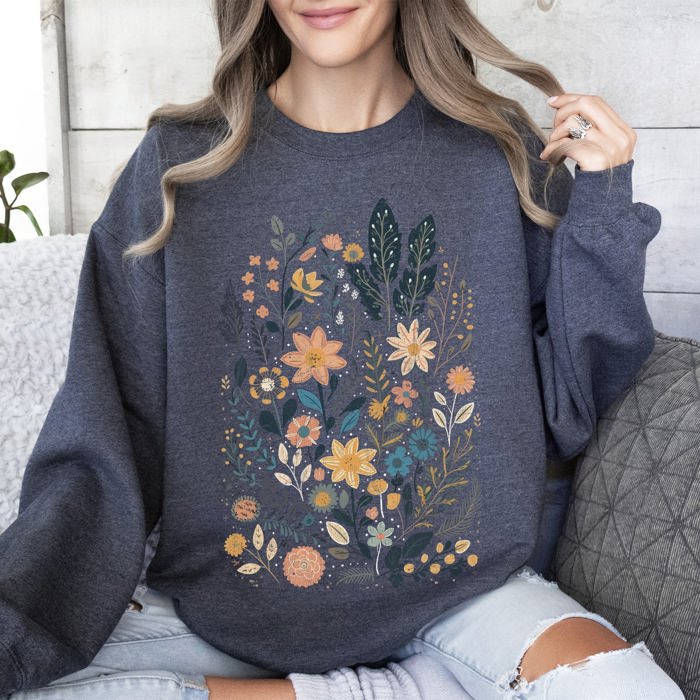 Whimsical Garden Floral Design With Delicate Petals And Lush Leaves And Blooms Sweatshirt