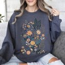 XL Dark Gray Heather Whimsical Garden Floral Design With Delicate Petals And Lush Leaves And Blooms Sweatshirt