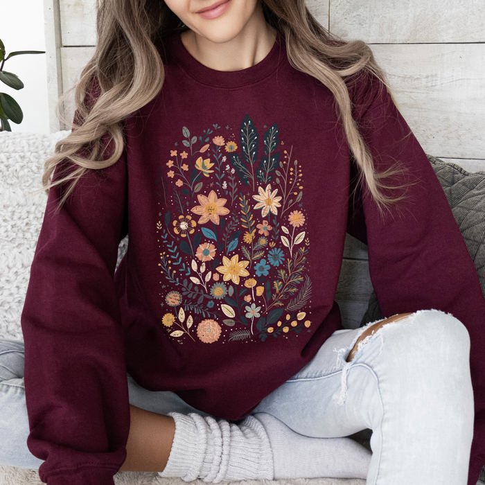 Whimsical Garden Floral Design With Delicate Petals And Lush Leaves And Blooms Sweatshirt
