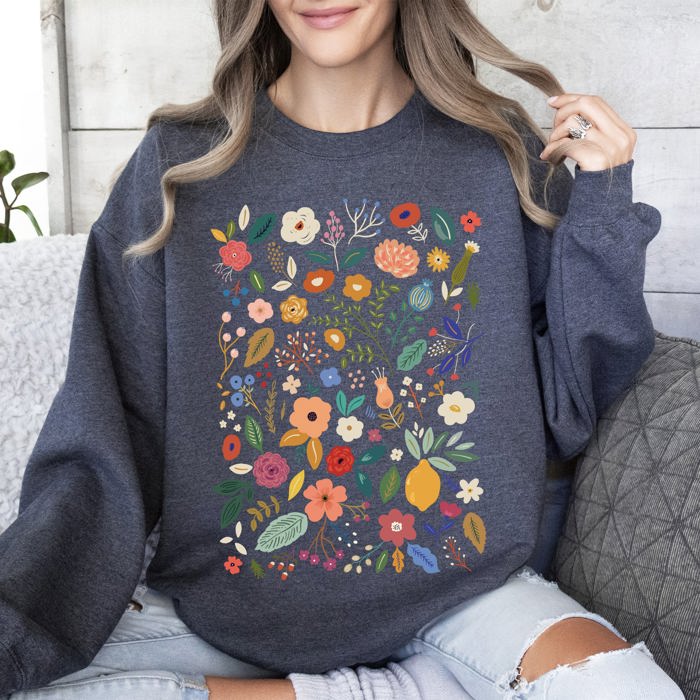 Colorful Delicate Floral Pattern With Leaves and Flowers All Over Graphic Sweatshirt