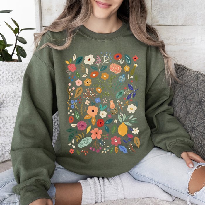 Colorful Delicate Floral Pattern With Leaves and Flowers All Over Graphic Sweatshirt