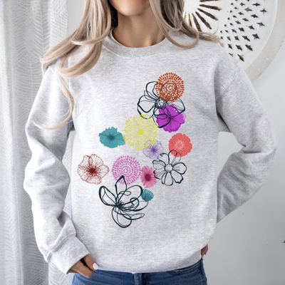 Floral Outlines Leaves Flowers Colorful Botanical Artwork Nature Inspired Cozy Sweatshirt