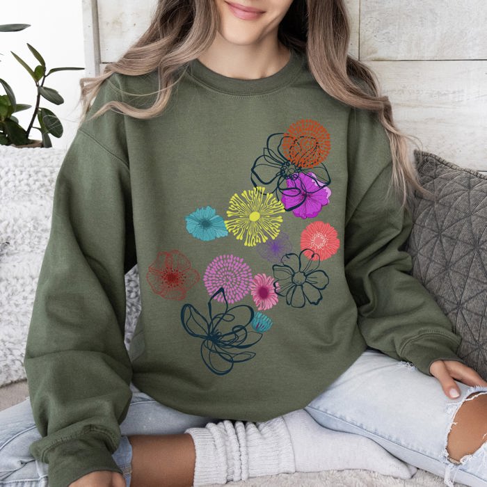 Floral Outlines Leaves Flowers Colorful Botanical Artwork Nature Inspired Cozy Sweatshirt