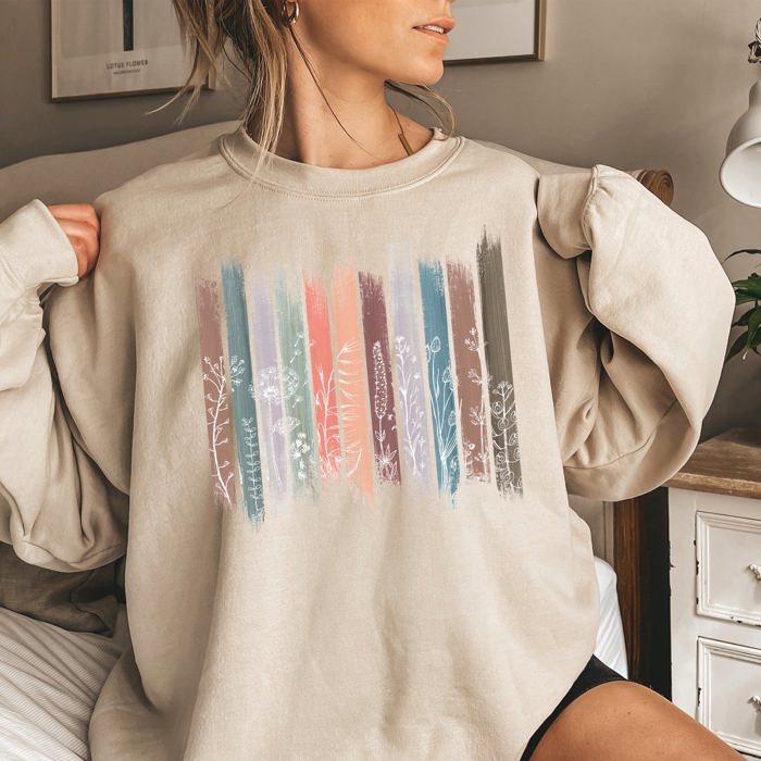 Wildflowers Nature Floral Botanical Stripes Garden Inspired Print Soft Cotton Blend Sweatshirt