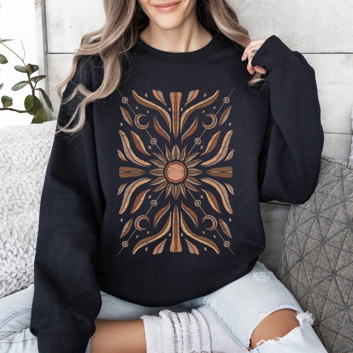 Boho Radiant Sun Celestial Mandala Print Cozy Fleece Lined Warm Winter Edition Sweatshirt