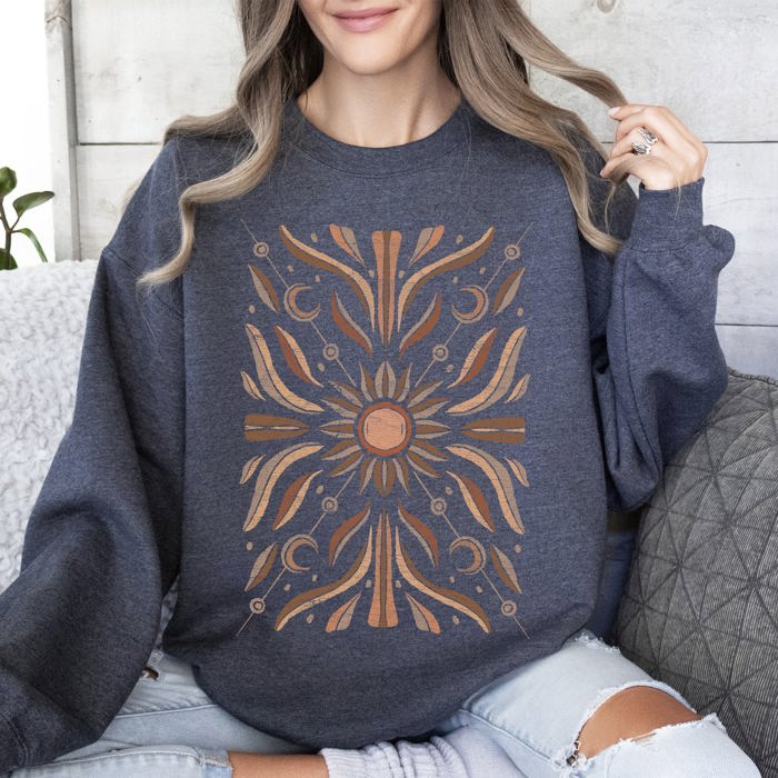 Boho Radiant Sun Celestial Mandala Print Cozy Fleece Lined Warm Winter Edition Sweatshirt