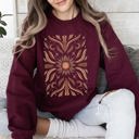 Medium Maroon Boho Radiant Sun Celestial Mandala Print Cozy Fleece Lined Warm Winter Edition Sweatshirt