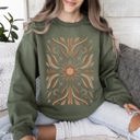 Small Military Green Boho Radiant Sun Celestial Mandala Print Cozy Fleece Lined Warm Winter Edition Sweatshirt