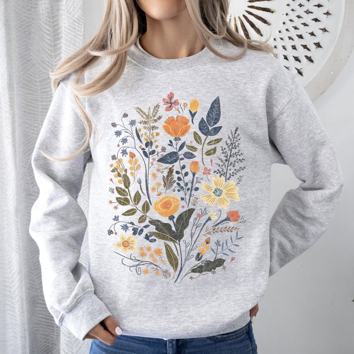 Meadow Magic Soft Floral Print Delicate Blossoms On Cozy Knit Vintage Inspired Everyday Wear Sweatshirt