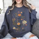 XL Dark Gray Heather Meadow Magic Soft Floral Print Delicate Blossoms On Cozy Knit Vintage Inspired Everyday Wear Sweatshirt