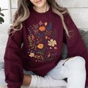 XXXL Maroon Meadow Magic Soft Floral Print Delicate Blossoms On Cozy Knit Vintage Inspired Everyday Wear Sweatshirt