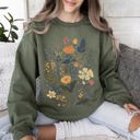 Large Military Green Meadow Magic Soft Floral Print Delicate Blossoms On Cozy Knit Vintage Inspired Everyday Wear Sweatshirt
