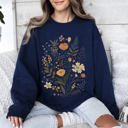 XXL Navy Meadow Magic Soft Floral Print Delicate Blossoms On Cozy Knit Vintage Inspired Everyday Wear Sweatshirt