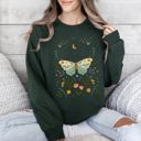 Small Forest Green Twilight Flora and Fauna, Moon, Moth, and Flower Nature Scene Graphic Design Sweatshirt
