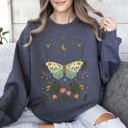 Small Dark Gray Heather Twilight Flora and Fauna, Moon, Moth, and Flower Nature Scene Graphic Design Sweatshirt