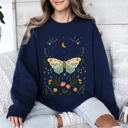 XL Navy Twilight Flora and Fauna, Moon, Moth, and Flower Nature Scene Graphic Design Sweatshirt