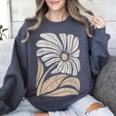 XXL Dark Gray Heather Cozy Soft Retro Flower Bold Floral Boho Print Fleece Lined Weekend Wear Sweatshirt